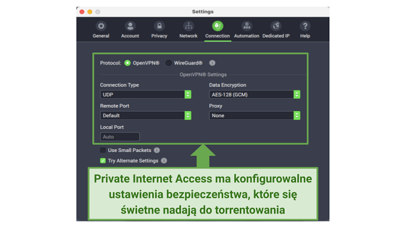 Graphic showing PIA security settings