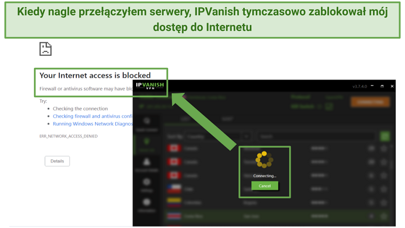 Browser window showing the internet connection being blocked by IPVanish's kill switch, while the VPN reconnects