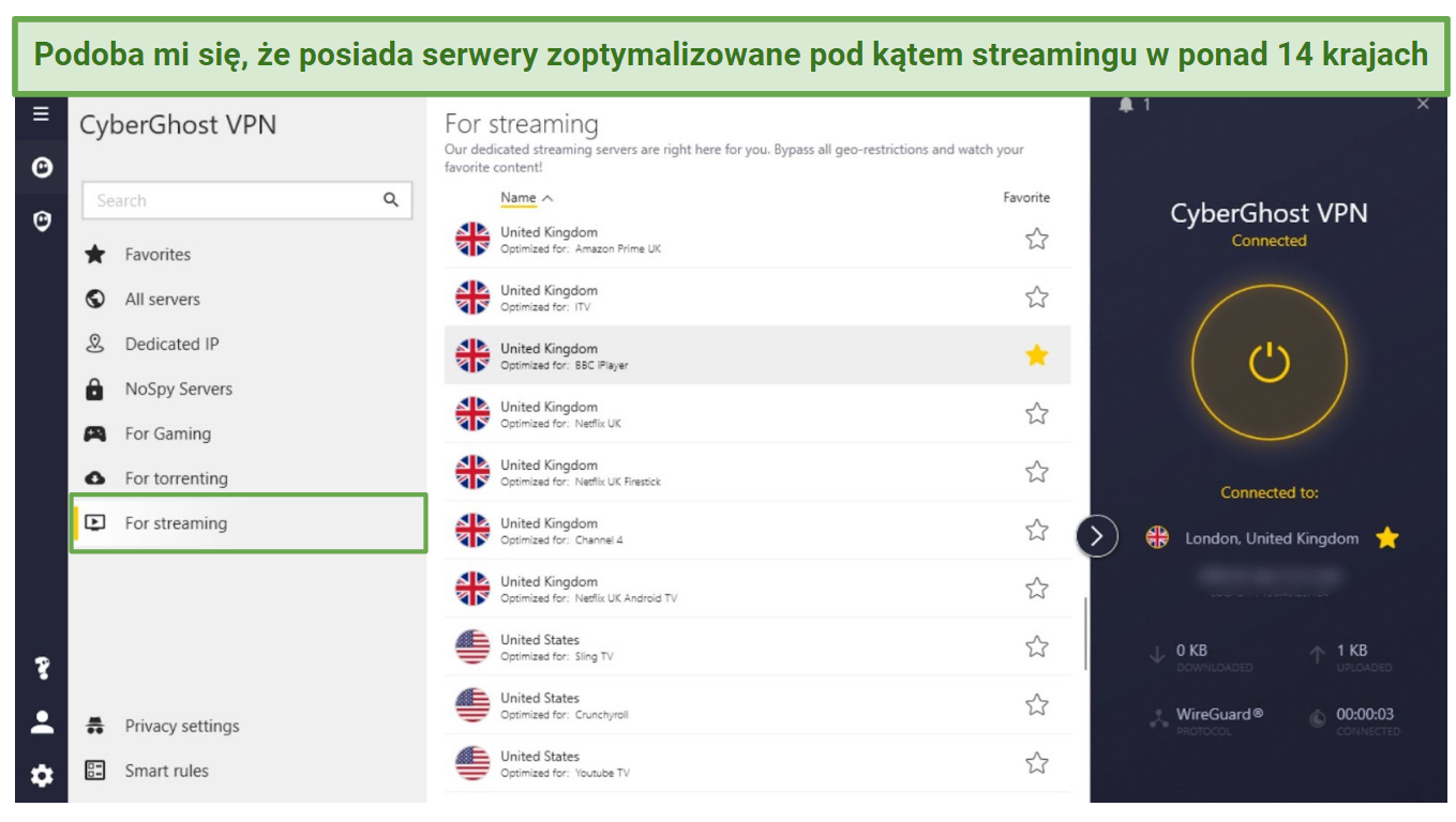 Screenshot of CyberGhost Windows app highlighting the streaming-optimized servers