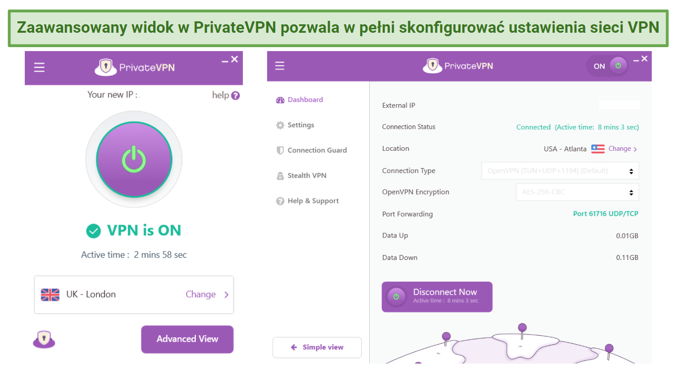 Screenshot showing PrivateVPN's interface