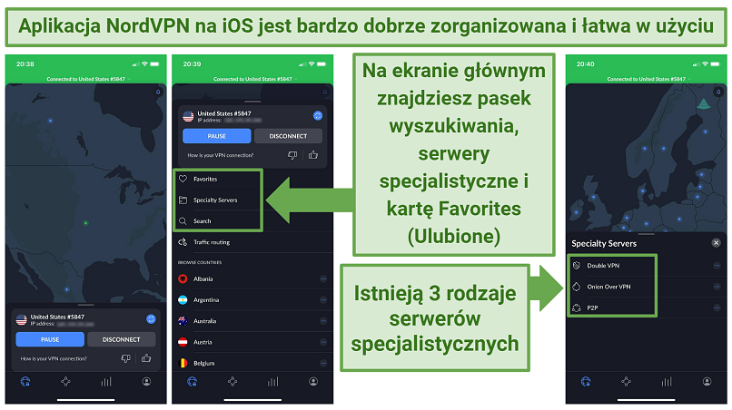 Screenshots of NordVPN's iOS app showing its main screen and the specialty servers