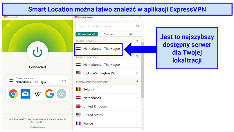 The ExpressVPN app with indication of where to find the Smart Location, for the fastest server available
