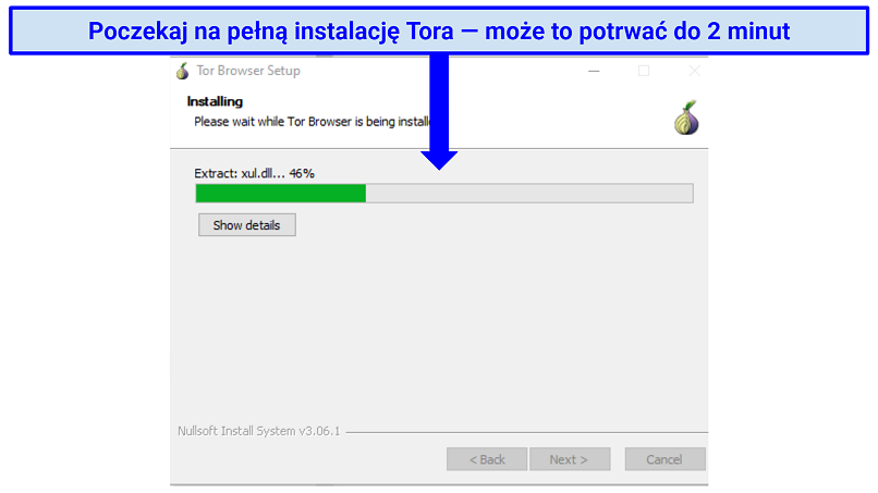 Screenshot of the Tor browser installing on Windows with a progress percentage bar