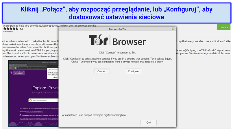 Tor on Linux, prompting the user to either connect to begin browsing or configure the app's network settings