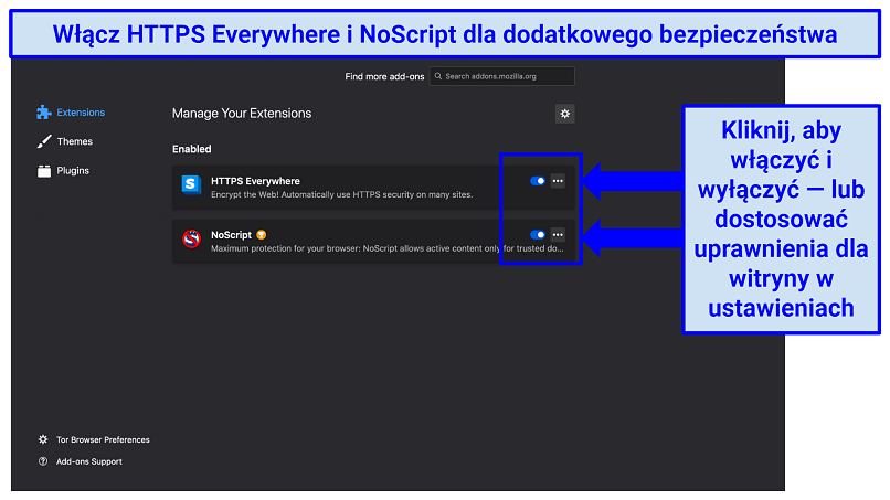 Tor's extension preferences, indicating how to enable, disable, and manage HTTPS Everywhere and NoScript