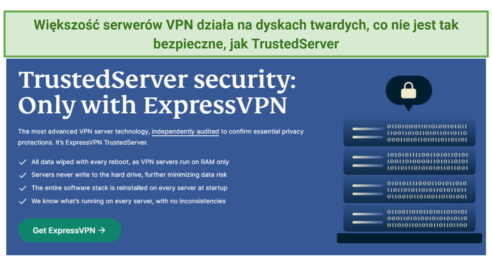 Screenshot showing ExpressVPN's TrustedServer Technology webpage on its website.