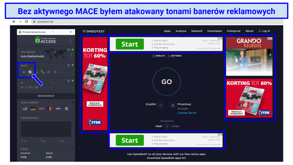 Screenshot showing webpage with ads before Private Internet Access VPN's MACE feature activated