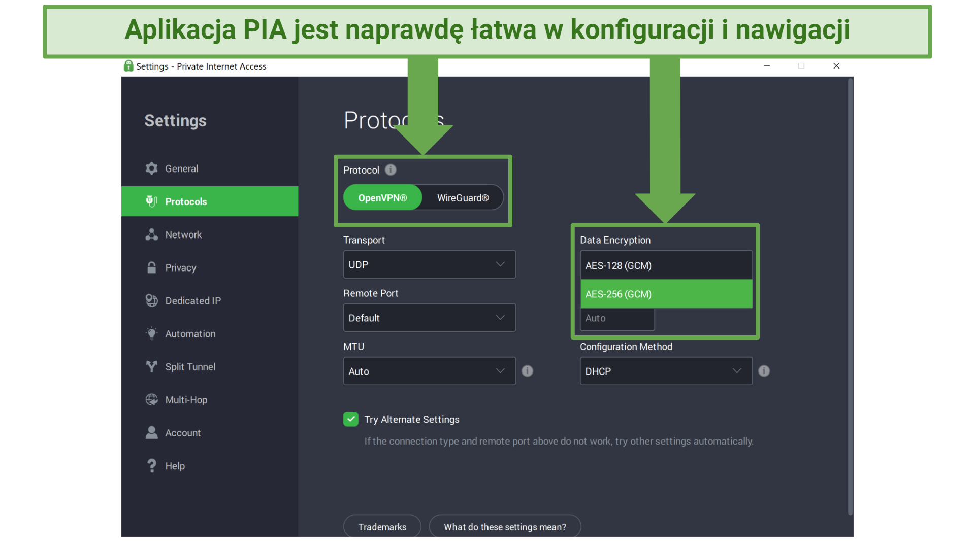 Screenshot of PIA's app showing the customizable settings