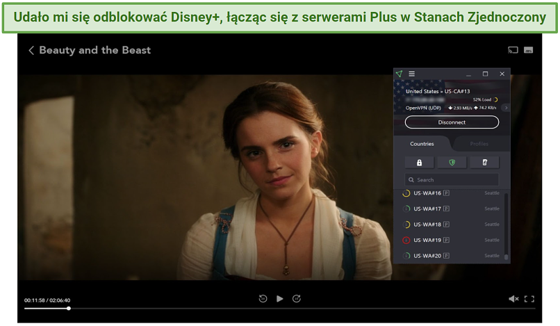 Screenshot of Disney+ player streaming Beauty and the Beast unblocked with Proton VPN 