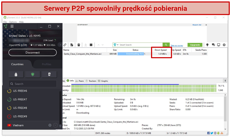 Screenshot of uTorrent app downloading Santa Claus Conquers the Martian while connected to Proton VPN