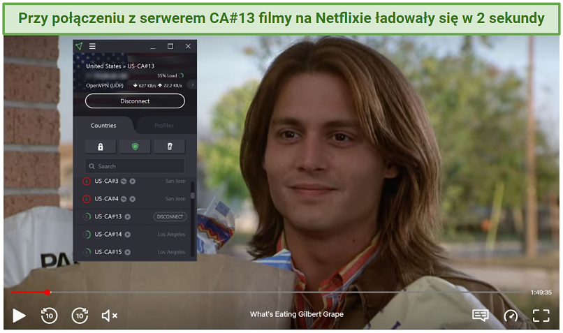 Screenshot of Netflix player streaming What's Eating Gilbert Grape while connected to Proton VPN