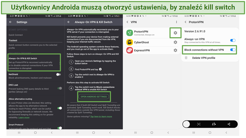 Screenshots of Proton VPN settings and Android settings needed to turn on kill switch