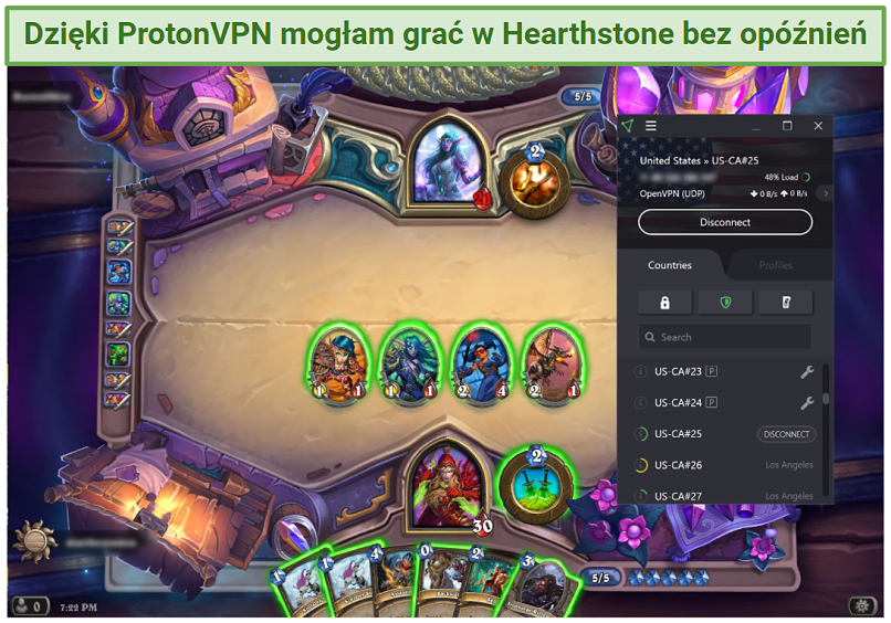 Screenshot of an online Hearthstone match played while connected to Proton VPN