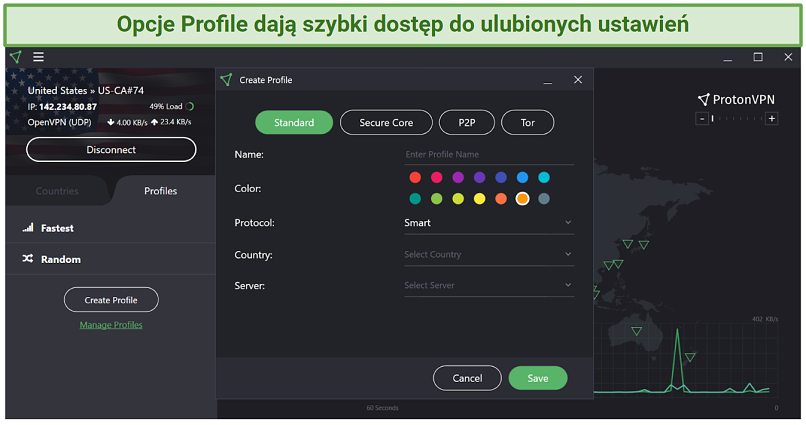 Screenshot of profiles section in Proton VPN Windows app