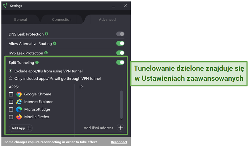 Screenshot of Proton VPN settings showing where to find split tunneling