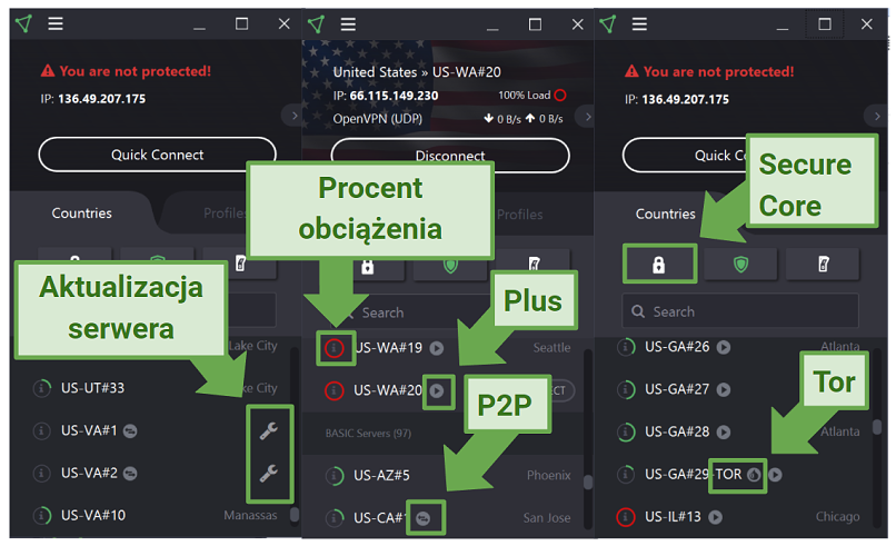 Screenshot of Proton VPN app highlighting what the different symbols signify