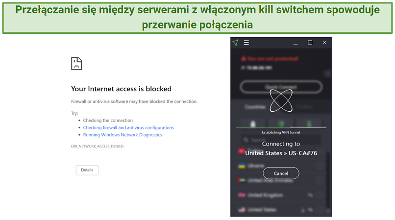 Screenshot of ipleak.net showing the kill switch blocking internet traffic while Proton VPN switched servers