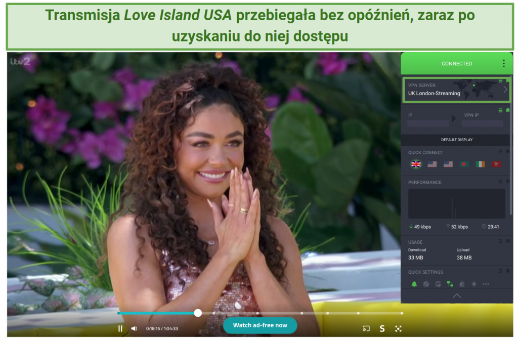 Screenshot of PIA unblocking Love Island USA on streaming-optimized server