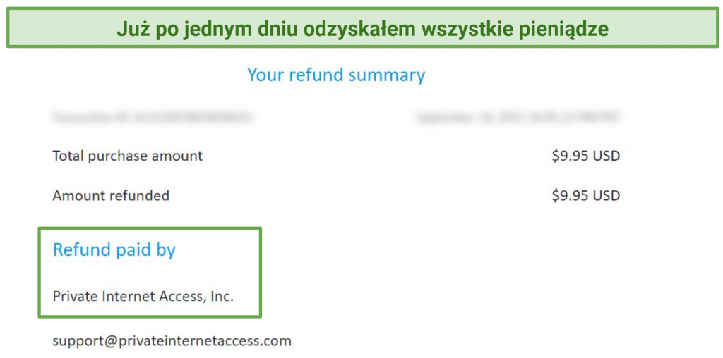 Screenshot of a refund issued by Private Internet Access