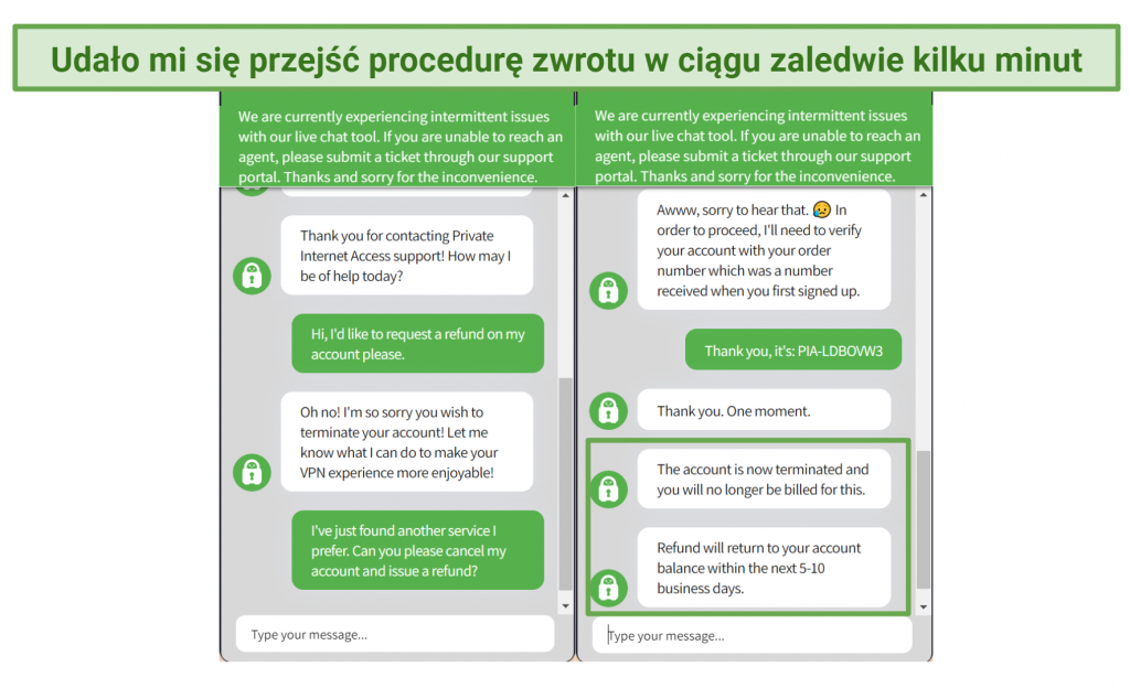 Screenshot of a live chat with Private Internet Access support where I cancelled my account