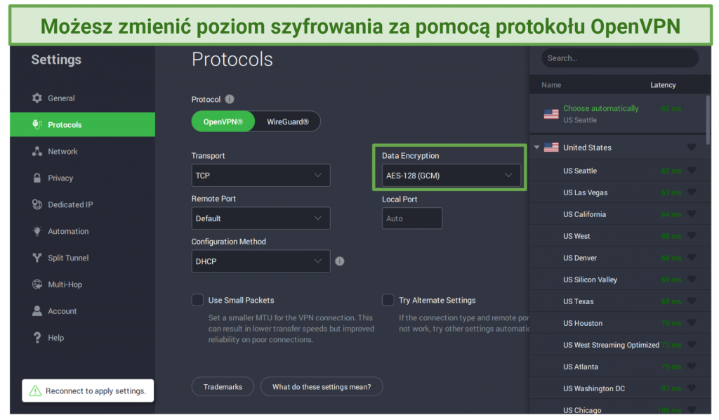 Screenshot of Private Internet Access Protocols menu where you can change encryption levels