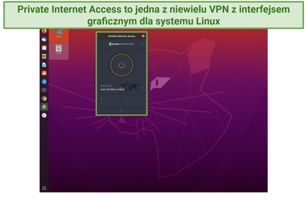 Screenshot of Private Internet Access app's GUI on Linux