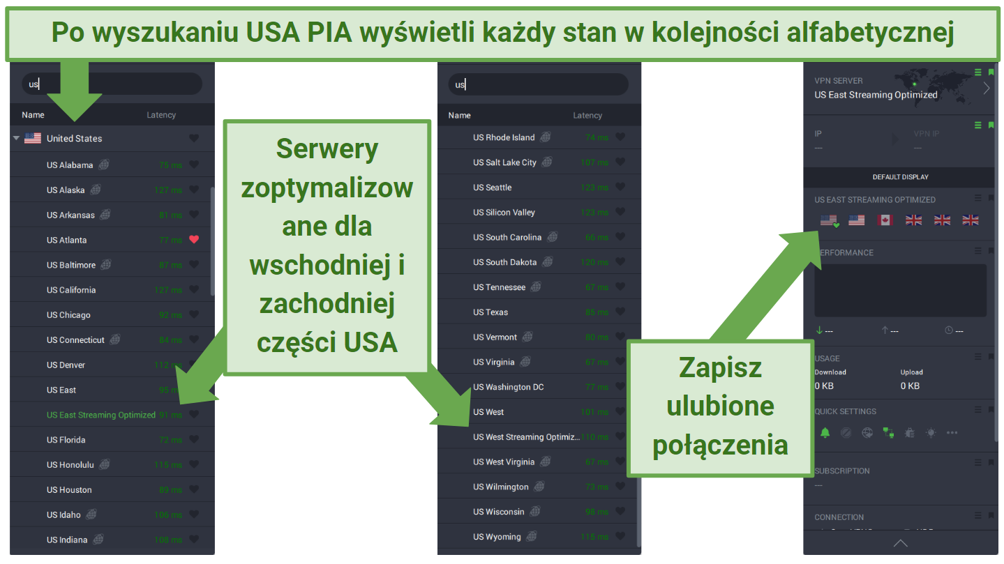 Screenshots of PIA's PC app displaying its US servers