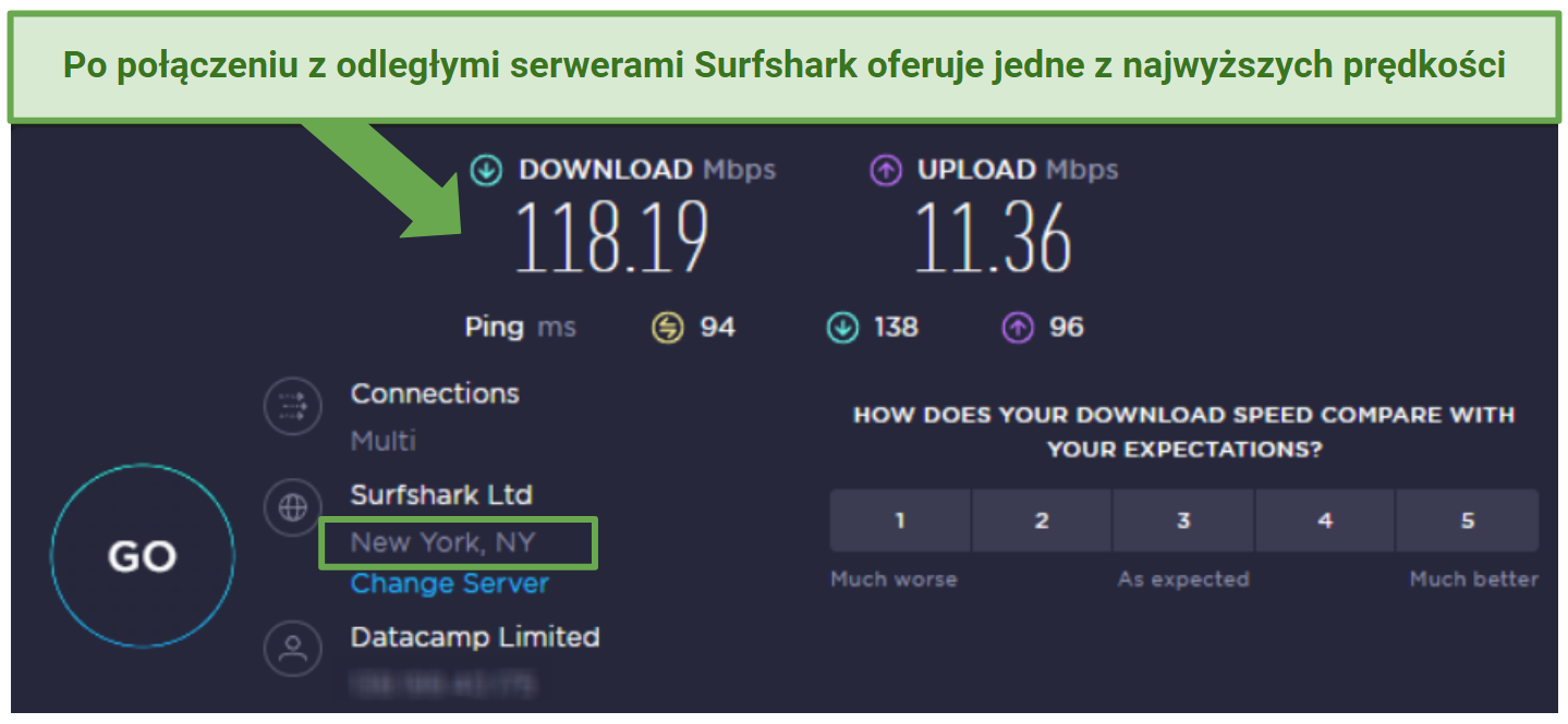 speed test result from Surfshark's New York server