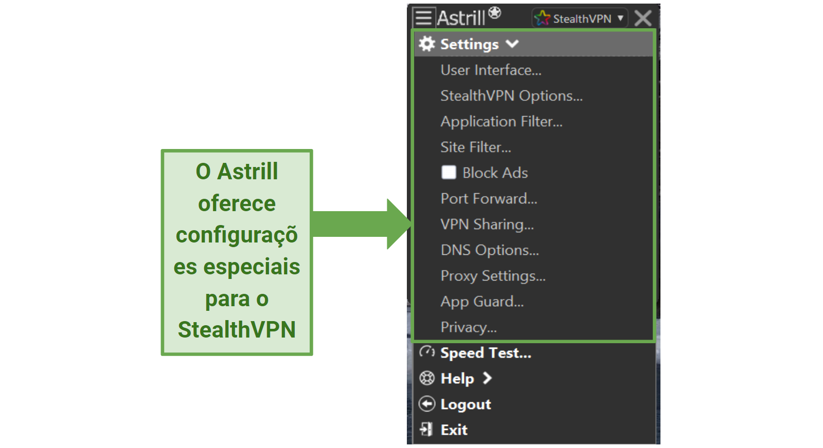 A screenshot showing Astrill's settings for StealthVPN