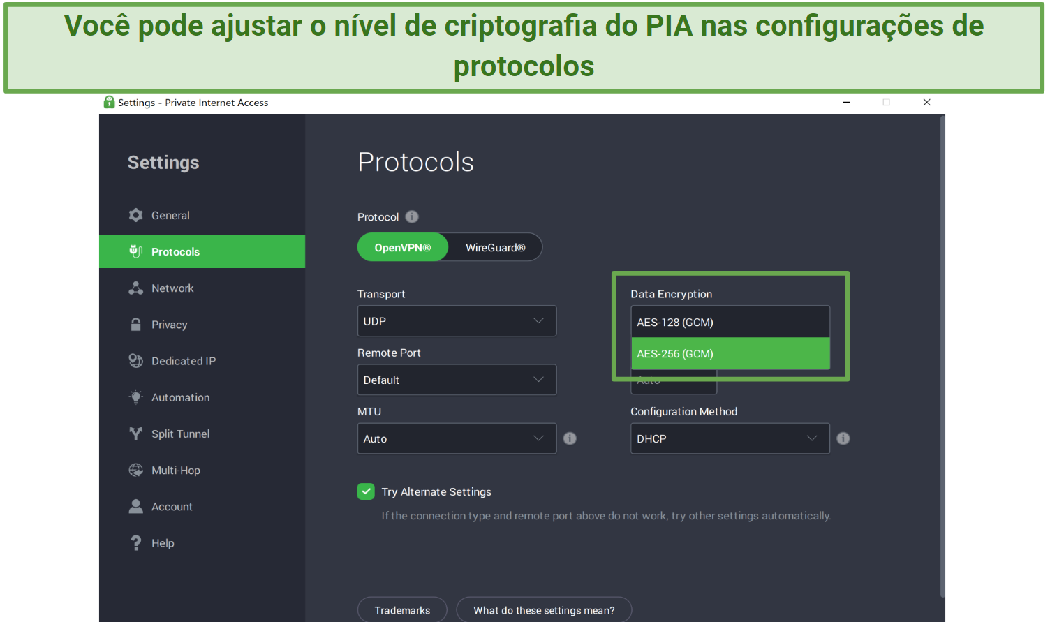 Screenshot of PIA's Windows app showing the protocol settings