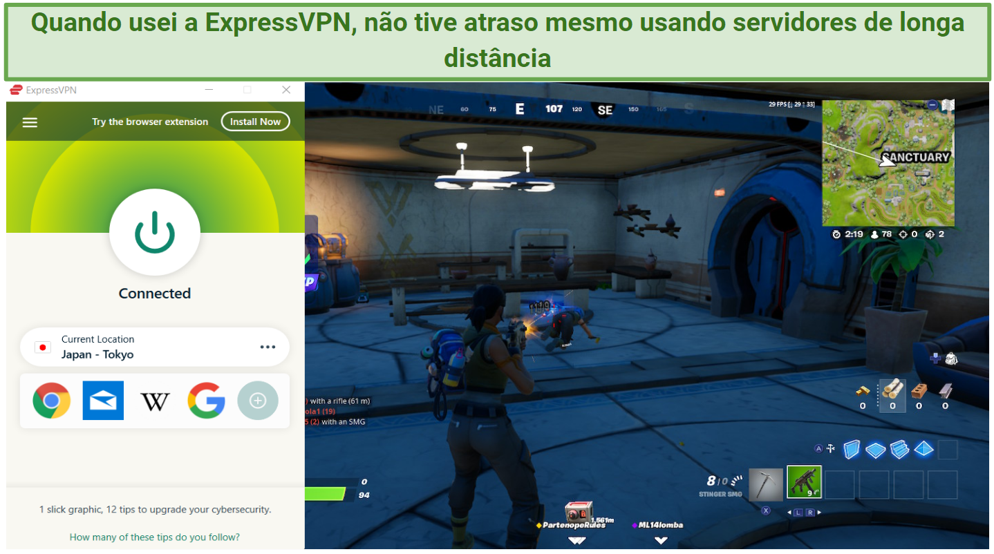 Screenshot of ExpressVPN working with Fortnite game