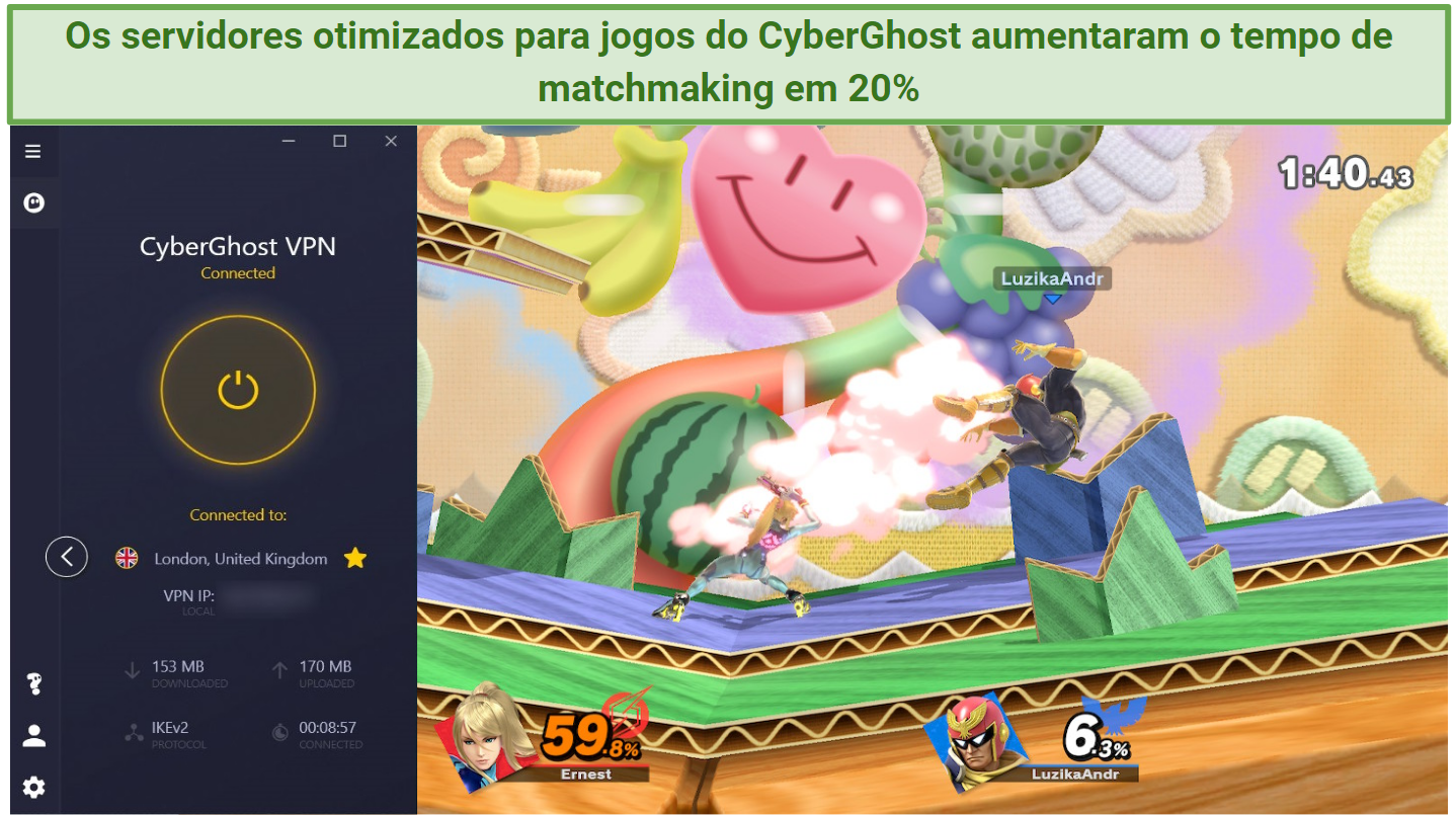 Screenshot of CyberGhost VPN working well with Super Smash Bros. Ultimate