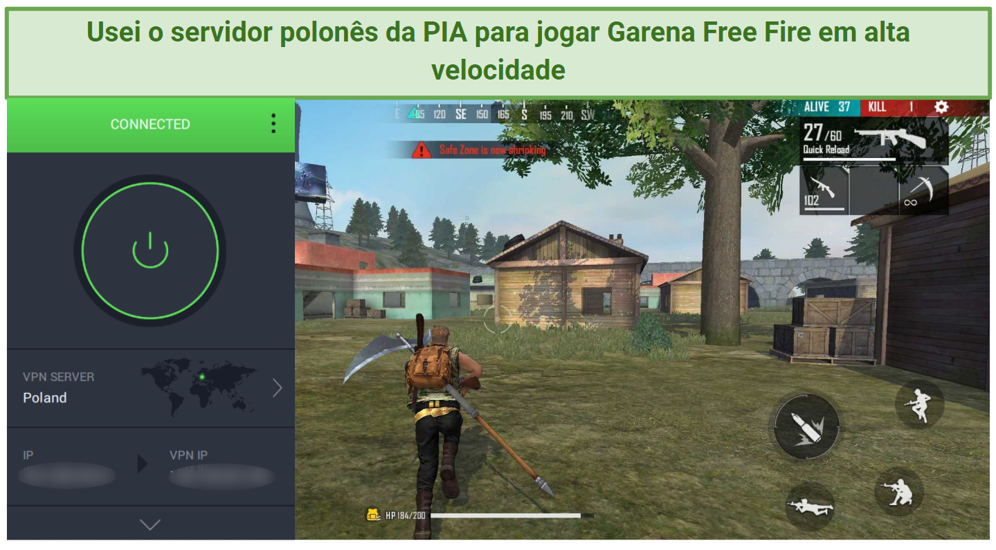 Screenshot of Private Internet Access working with Garena Free Fire