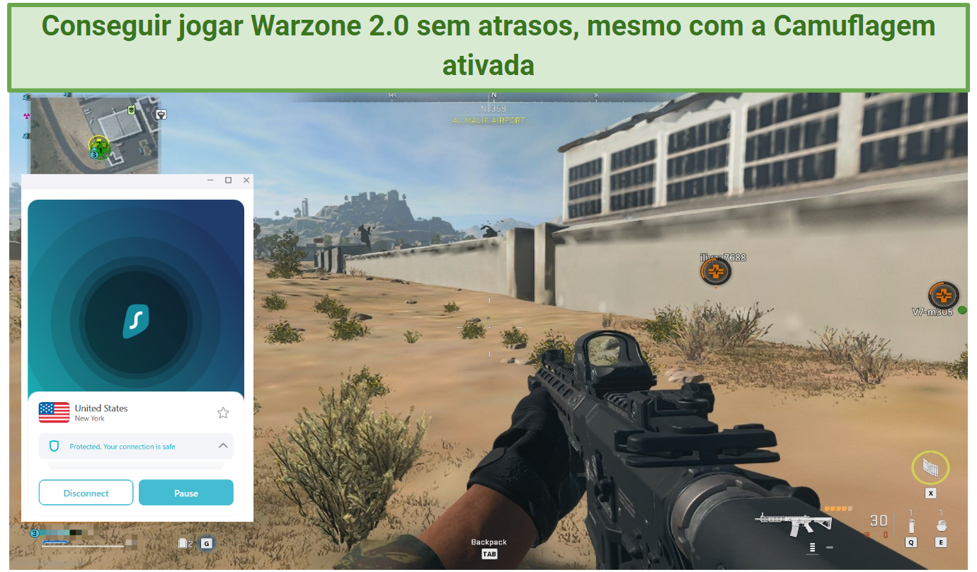 a screenshot of Warzone 2.0 gameplay with Surfshark connected