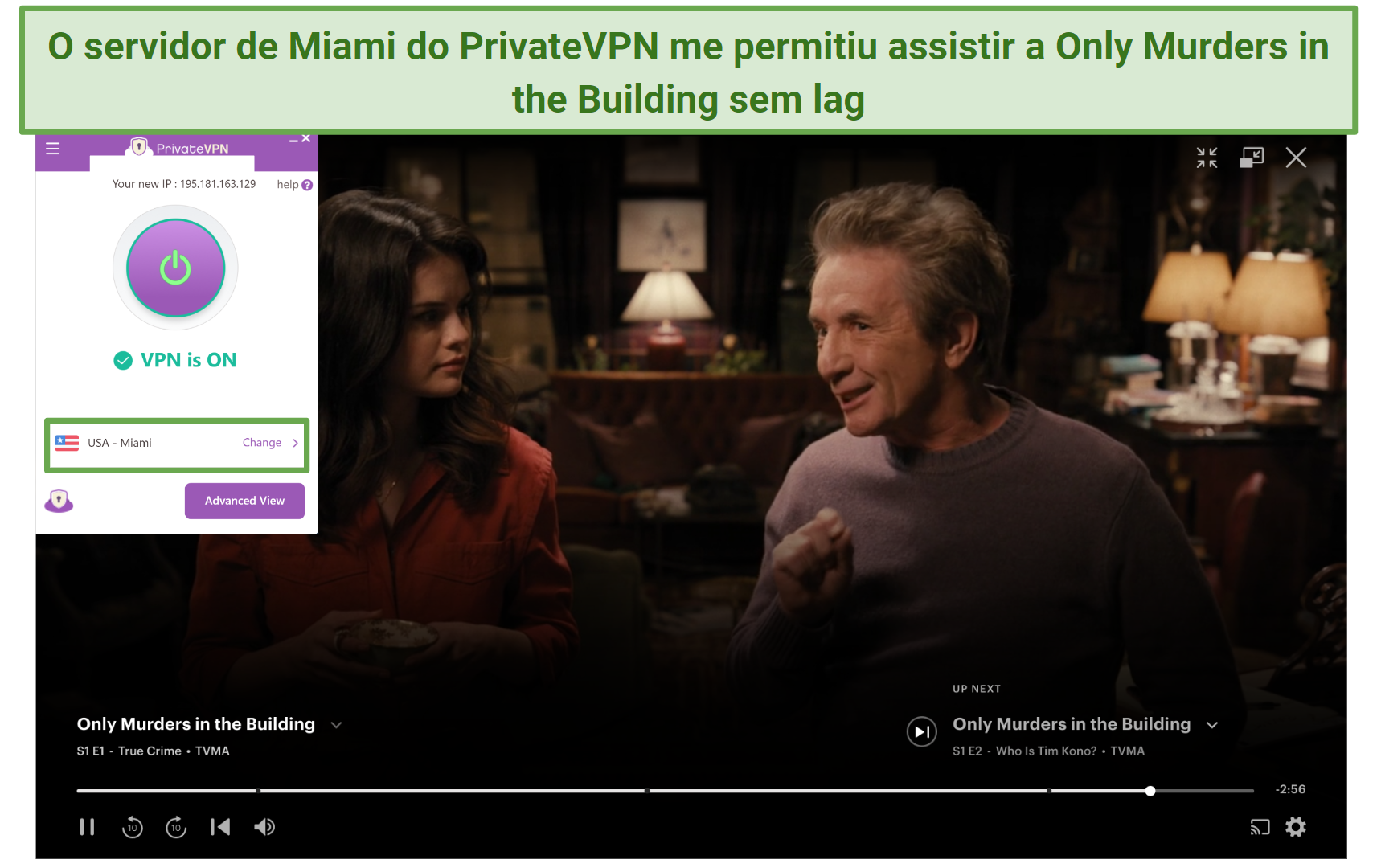 Screenshot of PrivateVPN's US servers unblocking Hulu