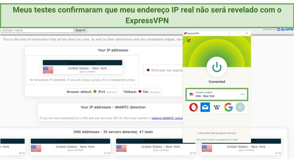 Screenshot of ExpressVPN passing leak tests connected to New York server