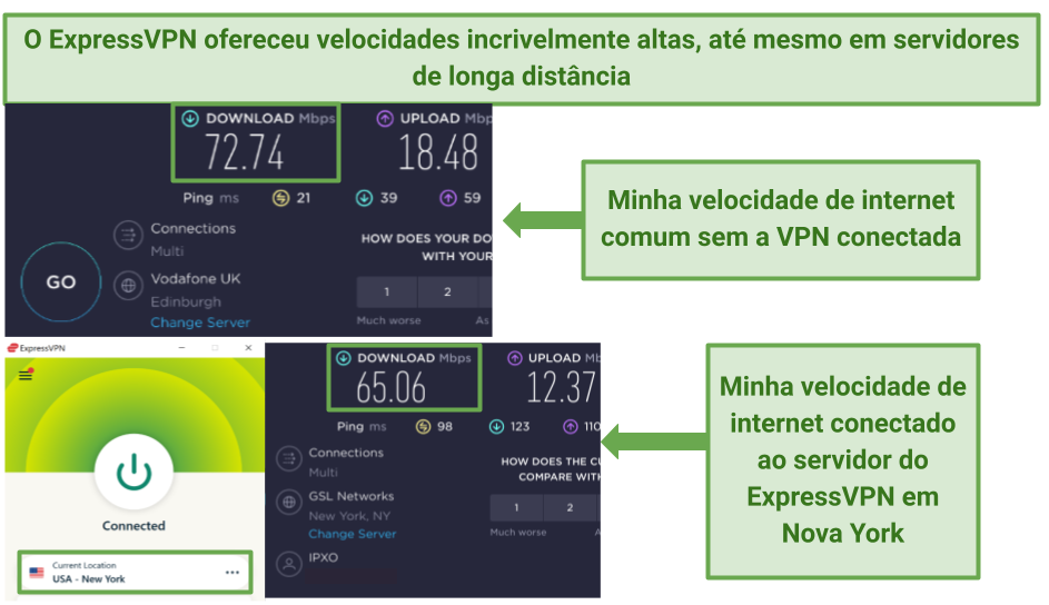 Screenshots of ExpressVPN's speed tests