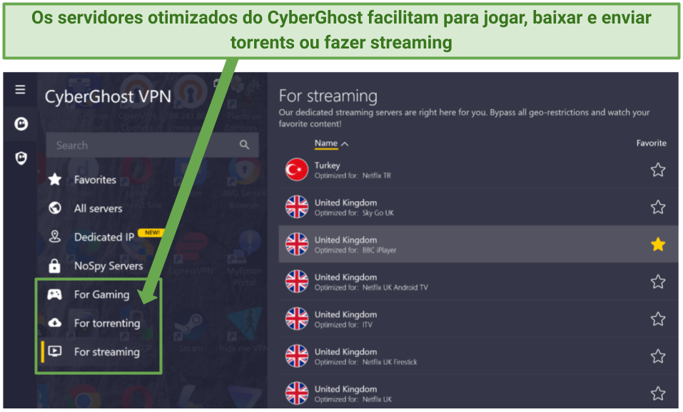 Screenshot of CyberGhost's Windows app showing optimized servers