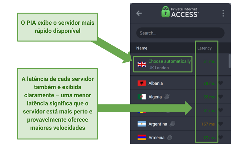 Screenshot of PIA's app showing server latency