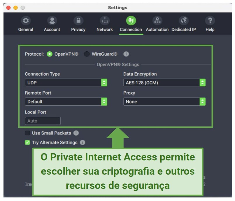 Graphic showing PIA security settings