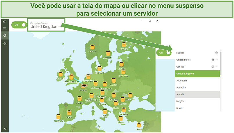 Screenshot showing TunnelBear Free VPN user interface and how to select server locations