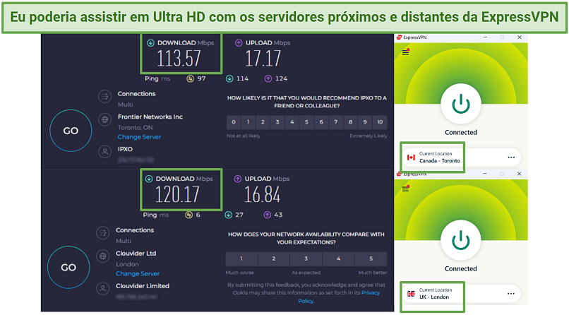 Speed test results from ExpressVPN's Toronto and London servers