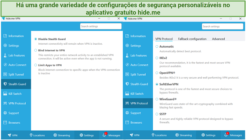 screenshot showing protocols available with hide.me free and all the customization options for each protocol