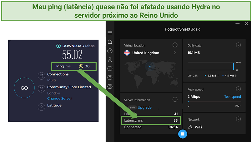 Screenshot showing Hotspot Shield Free VPN affect on ping or latency