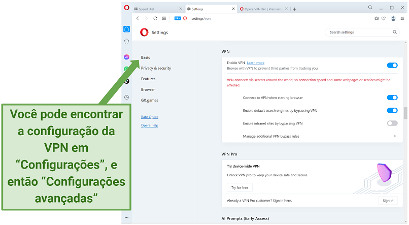 Screenshot showing the VPN setting in Opera VPN Free browser