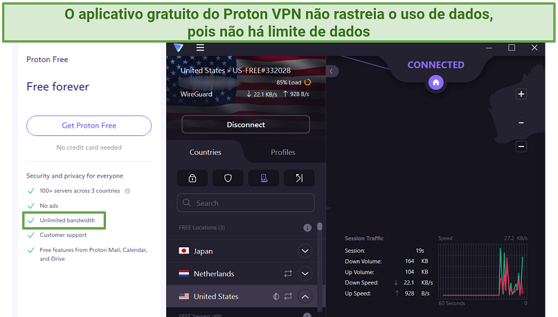 Screenshot of Proton VPN's free Windows app next to a screenshot of the free plan details from its website