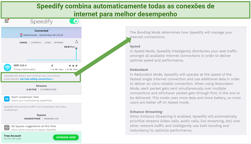 Screenshot showing bonding mode on Speedify's free VPN app