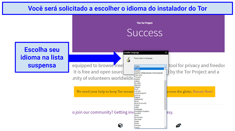 Instructions displaying how to select Tor's language preference