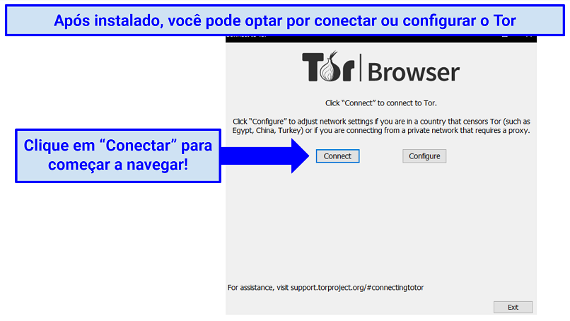 Instructions showing how to connect or configure Tor browser after installation