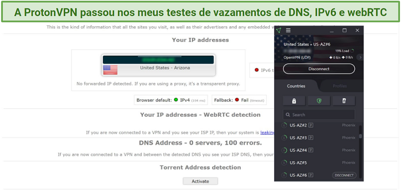 Screenshot of Proton VPN connected to the AZ#6 server during a test on ipleak.net